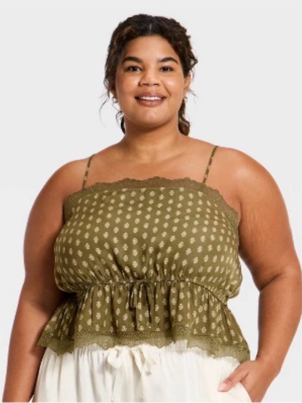 NWT Auden XL Olive Green Luxe Satin Cami Lace Trim Sleep Top Cinched Waist
